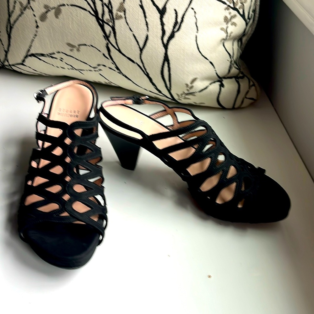 NWOT Stewart Weitzman black Nubuck strappy cage peep toe sandals 3” platform